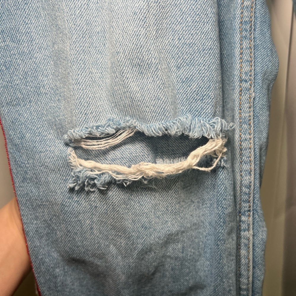 Zara Z1975 Straight‎ Leg Distressed Blue Jeans W/ Red White & Blue Stripe SZ 10 - Picture 3 of 10